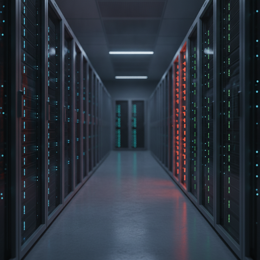 Secure data center cold aisle with server racks and blue status lights, hardware security modules