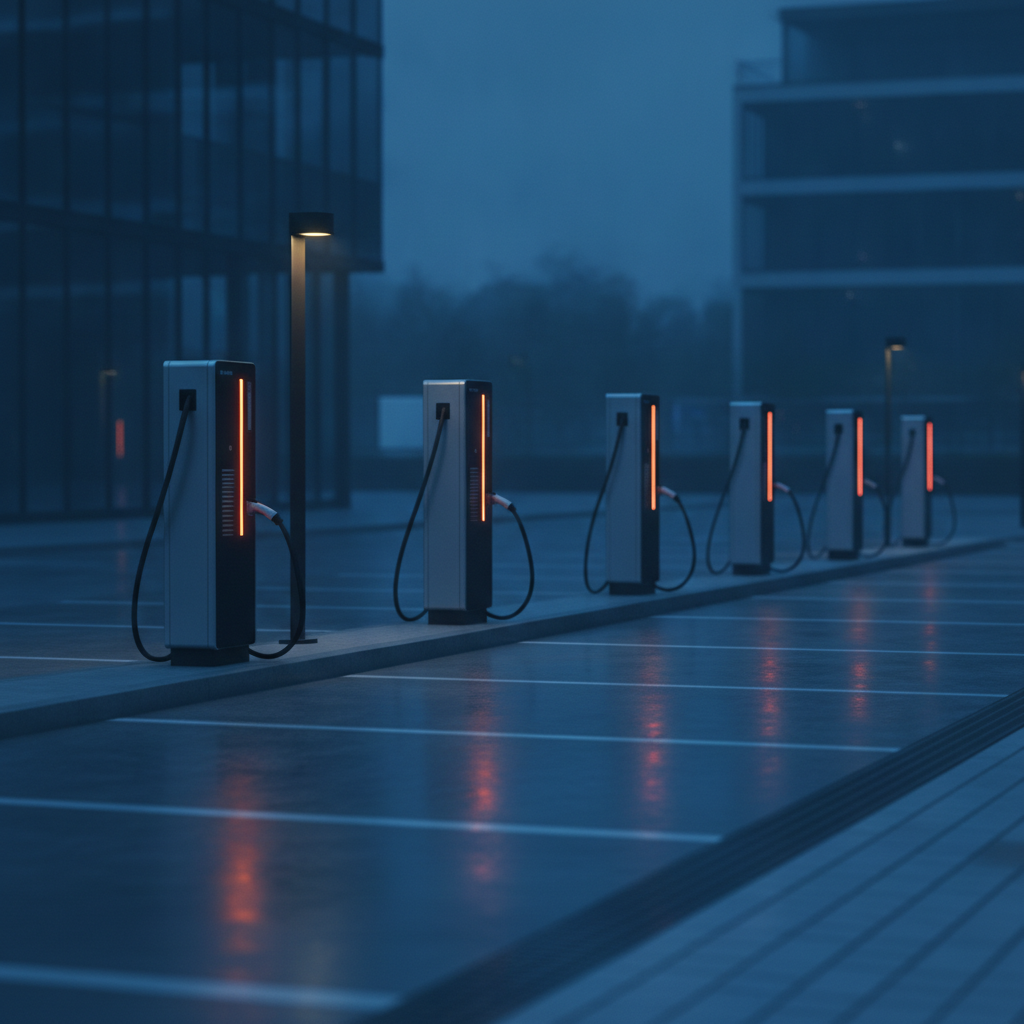 Row of outdoor electric-vehicle charging stations at dusk, connected hardware with status LEDs